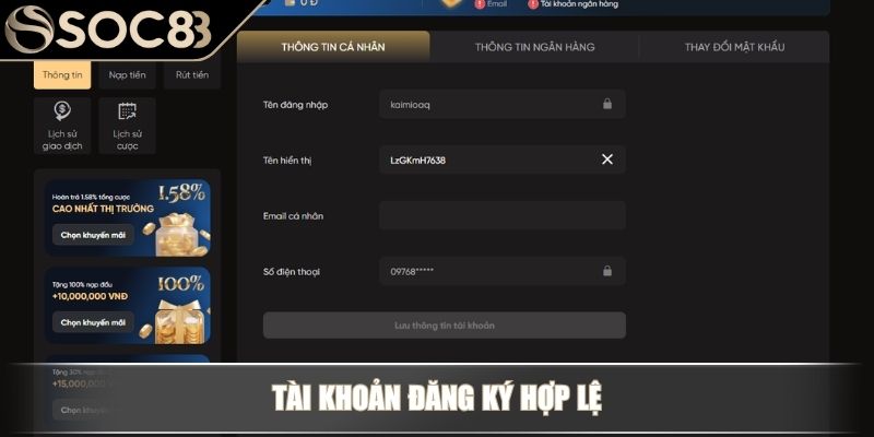 Tài khoản đăng ký hợp lệ